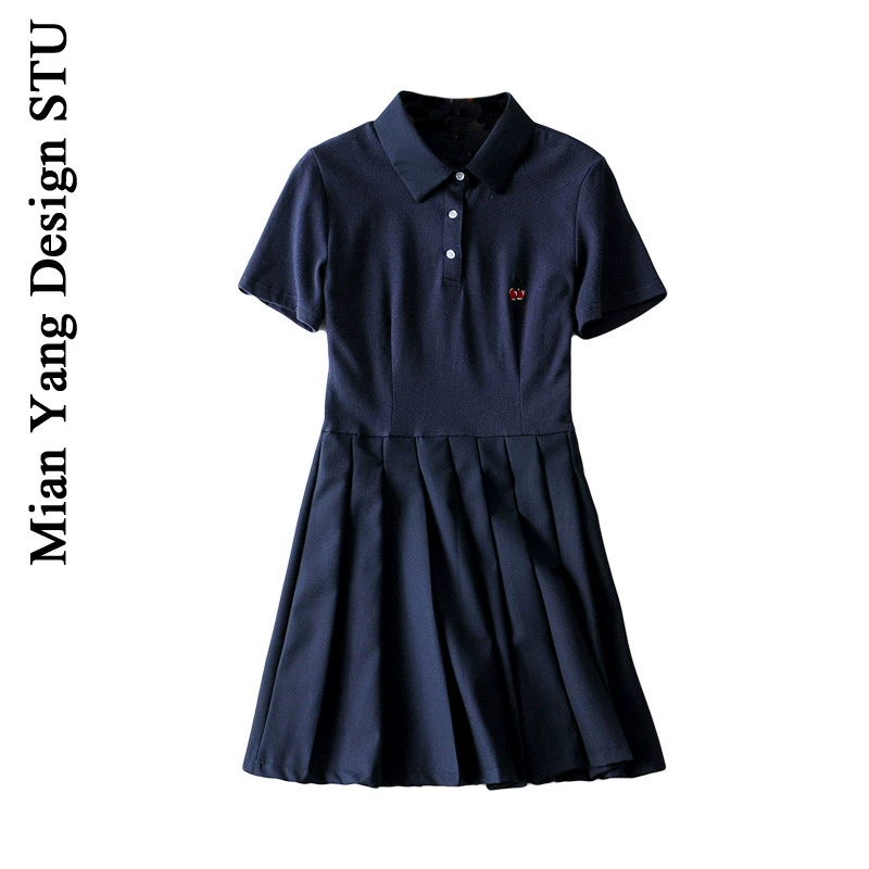 19 Summer American College Retro Weird Girl Tennis Váy Cherry Thin Slim Slim Polo Cổ áo xếp li - Sản phẩm HOT