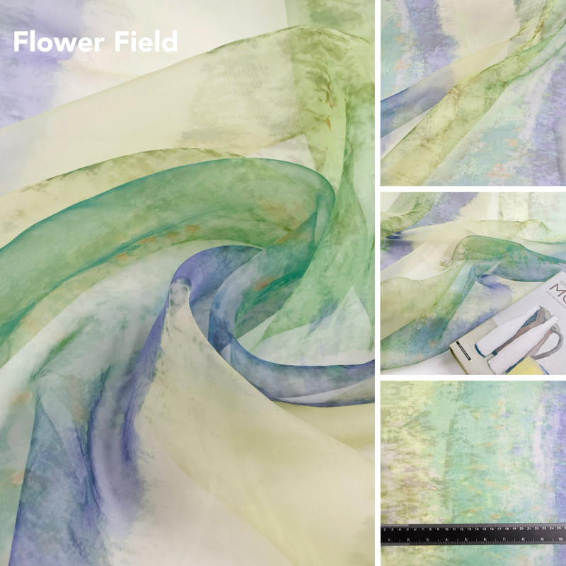 Oil Painting Style Soft Drape Moss Green + Blue-Purple Gradient Horizontal Stripe Organza Fabric Dress Fabric