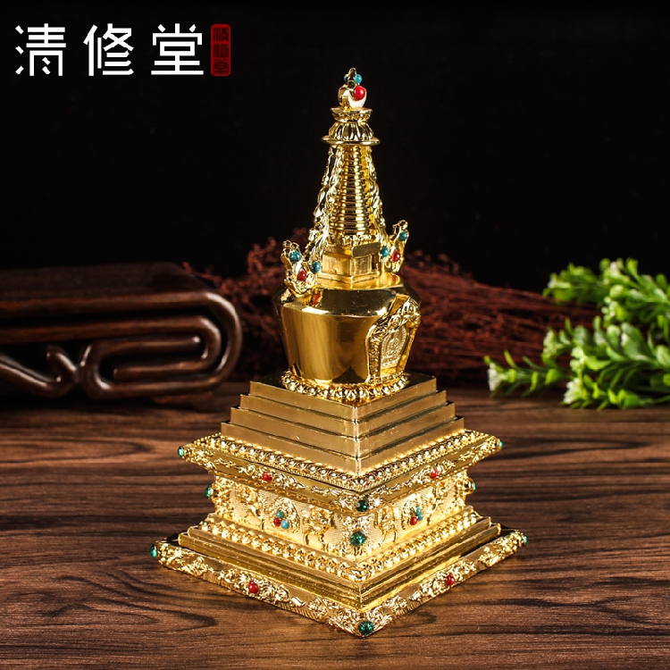Copper alloy gilded Rulai Eight Pagoda stupa ornament Tibetan Buddhist supplies Stupa Relic Buddha statue Bodhi Pagoda trumpet