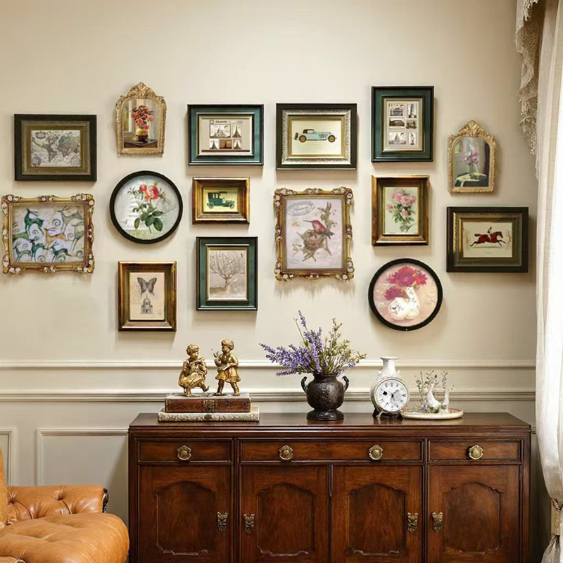 Solid Wood Photo Wall Decoration Picture Frame Wall, Vintage Entryway European-Style Wall Hanging, American-Style Living Room Background Wall Combination Painting, Dining Room