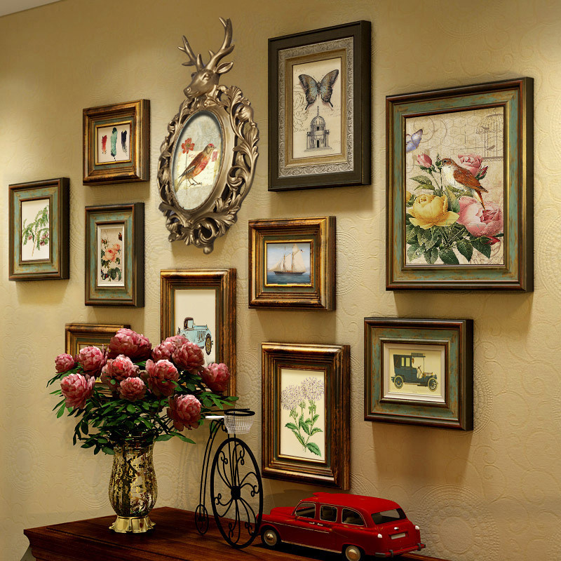 European style photo wall solid wood vintage old American photo frame deer head combination hanging wall living room dining room background decoration painting