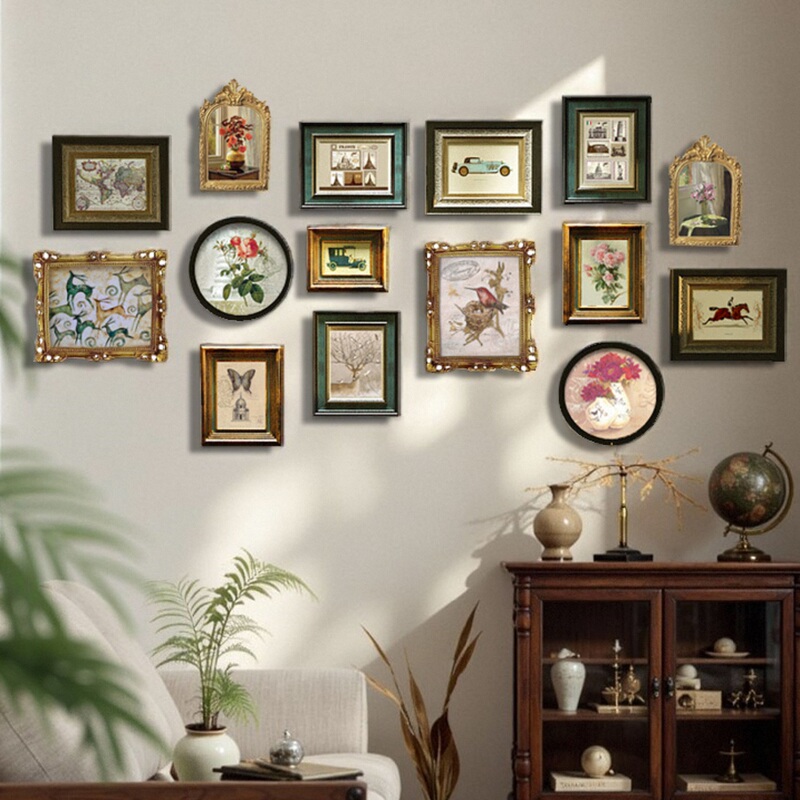 Solid Wood Photo Wall Decoration Picture Frame Wall, Vintage Entryway European-Style Wall Hanging, American-Style Living Room Background Wall Combination Painting, Dining Room