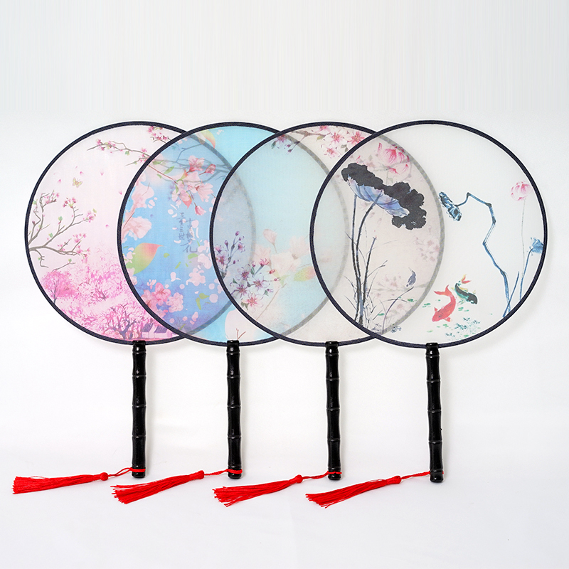 Classical transparent silk tuan fan round women's fan peony COS court dance fan retro style long handle decorative fan