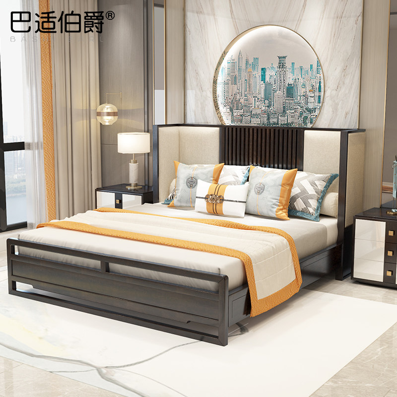 New Chinese solid wood bed light extravagant full solid wood master bedroom with villa wedding bed 1 8m bedroom with high box 1 5m double bed