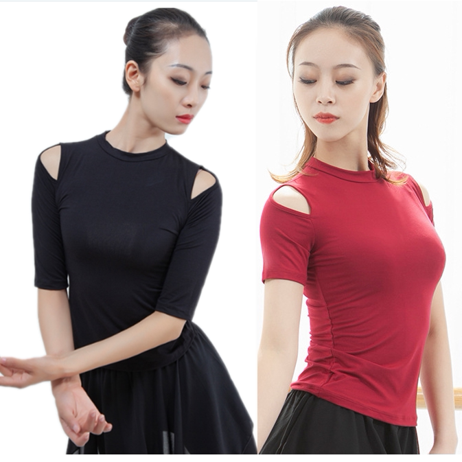 Fashion sexy open-shoulder short sleeve T-shirt national standard Latin dance practice with adult tight body training blouses woman