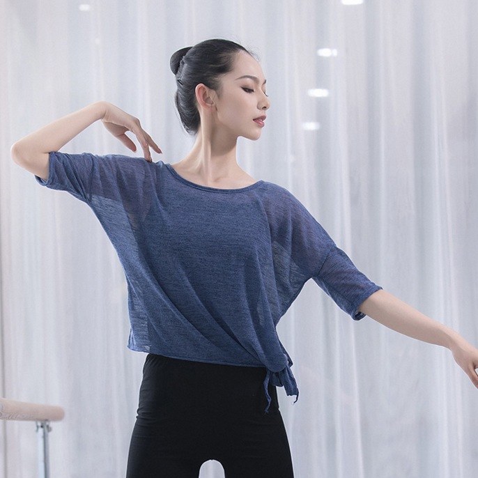 Chinese modern dance practice clothes sheer thin style tie belt top sunscreen shirt base training jazz women's gauze students