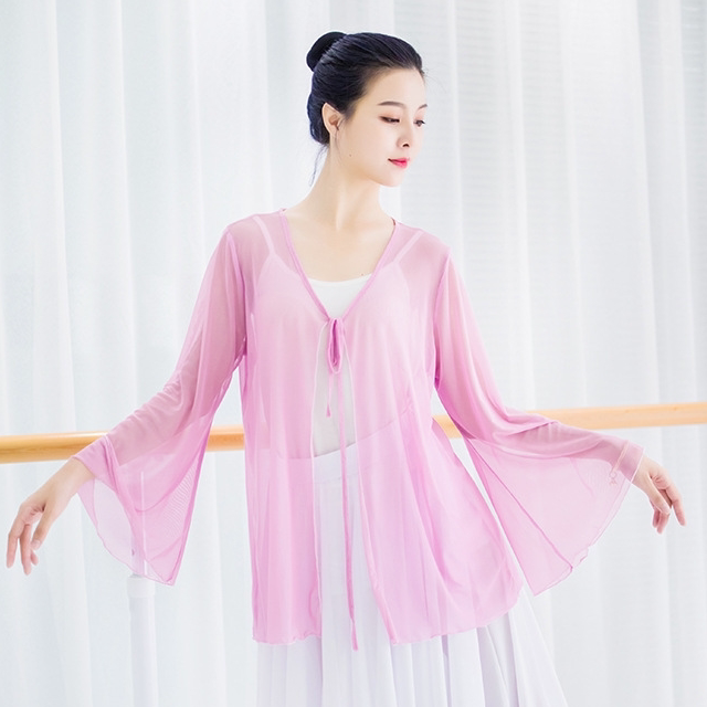 Middle country wind dance suit lacing mesh yarn blouses classical dance horn sleeve performance cardiovert instructor clothes outside the women's art exam