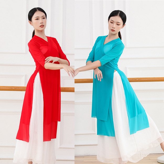 Net-yarn long version of dance practice utiliturism clothing V-collar yarn dress table performance Chinese classical dance blouses ancient wind female pipa line