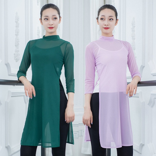 Classical Dance Exercises in Sleeves Elastic Long Version Open Fork Art Exam Tight Fit Blouses Body Mesh Veil women's table performance