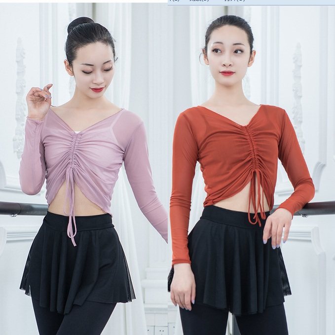 Ballet dance suit drawstring V-neck mid-sleeve top classical practice body rhyme mesh gauze female short basic training art test students