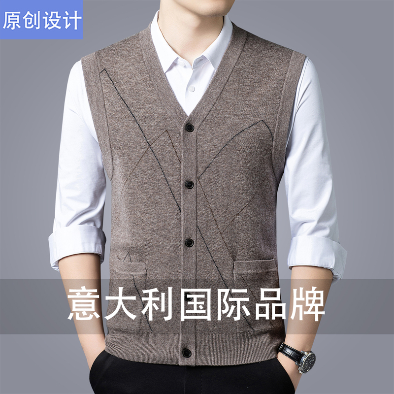 Italian Brand Cashmere Sweater Men's Vest Sweater Autumn and Winter Middle-Aged V-Neck Buttoned Wool Knitted Cardigan Vest