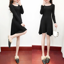 Black temperament knitted very fairy French niche dress female spring retro square collar slim long sleeve short skirt