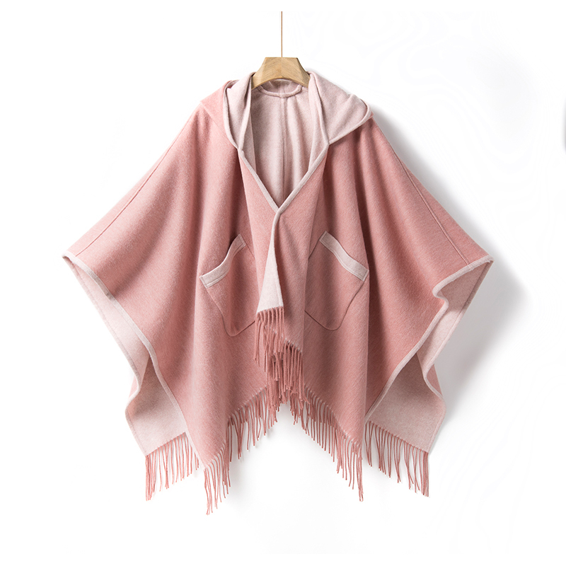 Orange Wool Double-Sided Winter Warm British Style Travel U-Shaped Hooded Thick Cape with Pockets Shawl Orange Wool Double-Sided Winter Warm British Style Travel U-Shaped Hooded Thick Cape with Pockets Shawl