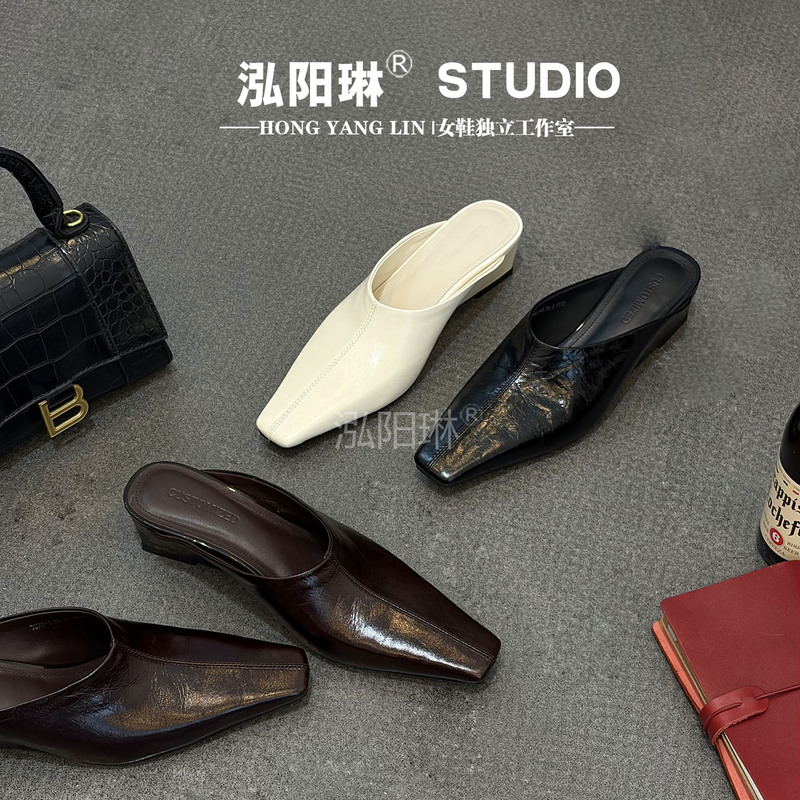Hongyanglin ~ Square-Toe Wedge Mules for Women, Summer 2026 New Style, Slip-On Lazy Shoes, Closed-Toe Half Slippers