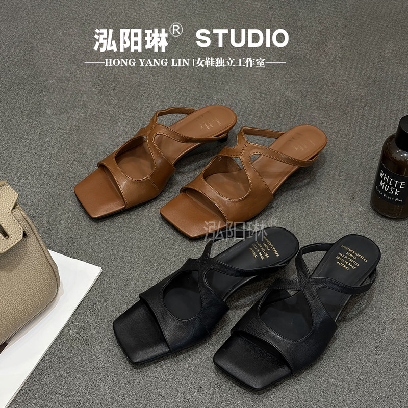 Hongyanglin~ Retro Square-Toe Stiletto Sandals for Women, Summer 2026 New Style, Outdoor Mid-Heel High Heels, Open-Toe Sandals