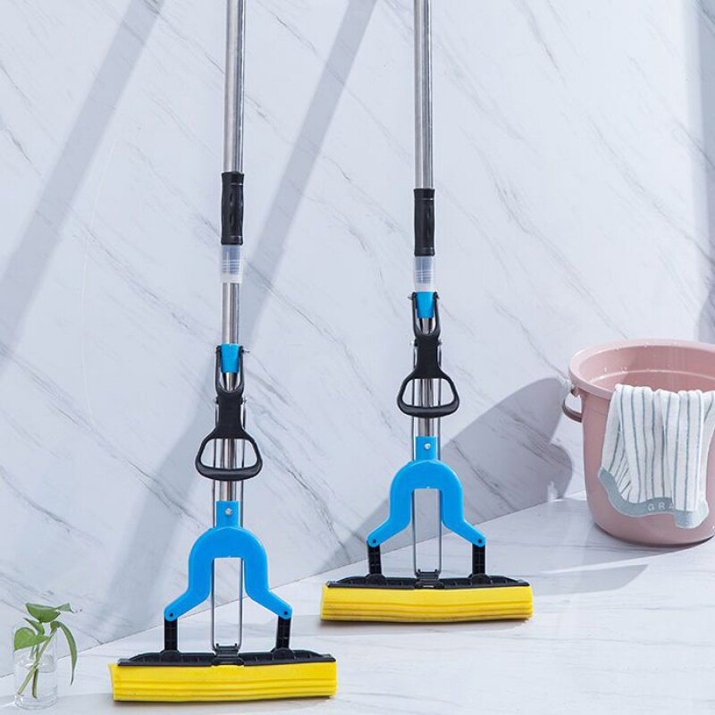 Hand-wash-free absorbent sponge mop head household stainless steel roller large rubber cotton dressing room sponge squeeze mop