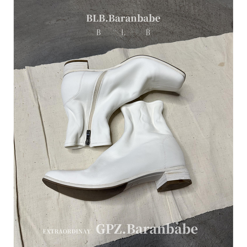 Balambai~3Cm British Style Genuine Leather Square Toe Short Boots for Women, Mid-Heel, Side Zipper, Slim Boots, White Versatile Boots