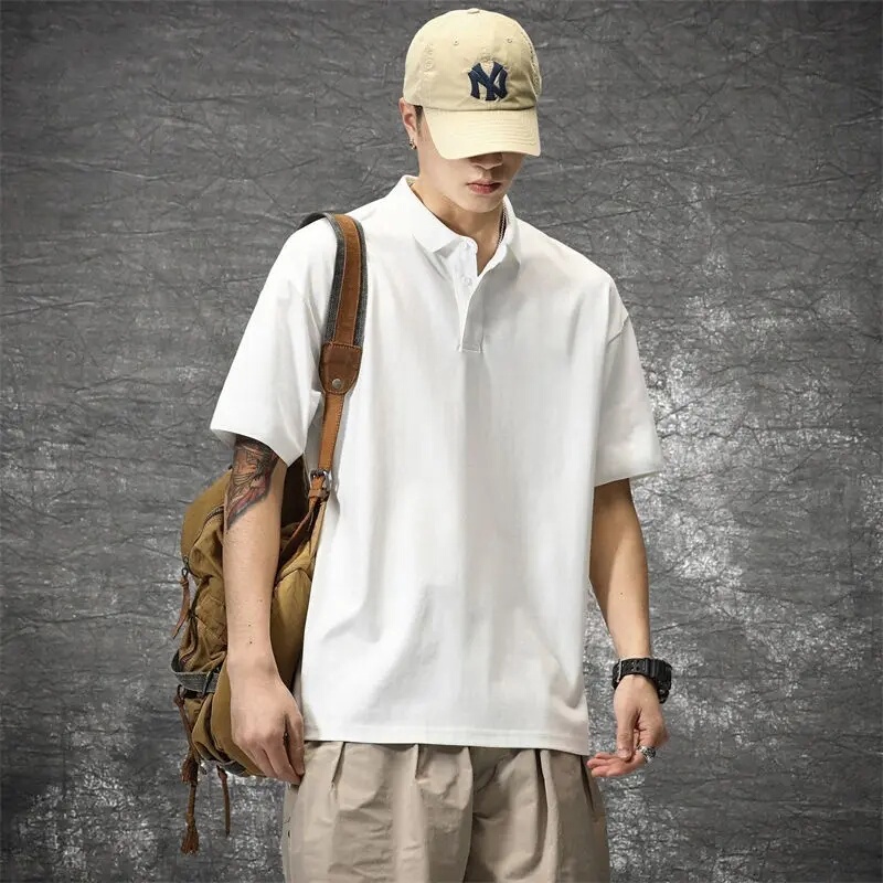 American Casual Solid Color Short-Sleeved Polo Shirt for Men, Summer Casual Loose Large Size Versatile Handsome Lapel Half-Sleeved T-Shirt