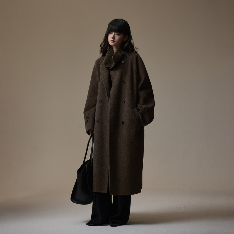 Inout Hrq2026 New Autumn and Winter Double-Breasted Stand-Up Collar Long Loose Silhouette Double-Sided Cashmere Coat for Women