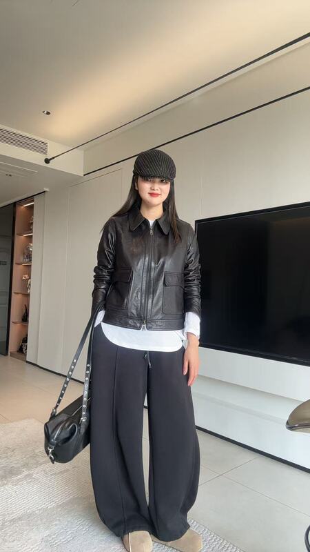 (2563) Ice Jade Oil Wax Sheepskin Old Money Style Lapel Autumn Leather Jacket Short Coat