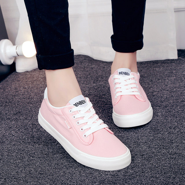 Renben canvas shoes pink small pink shoes girls white shoes black low-cut flat women's shoes Korean style student sneakers