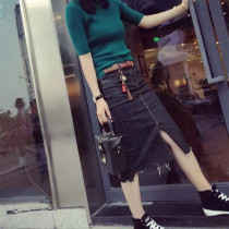 2019 spring new high-elastic black denim skirt female hem burrs split long hip one-step skirt summer