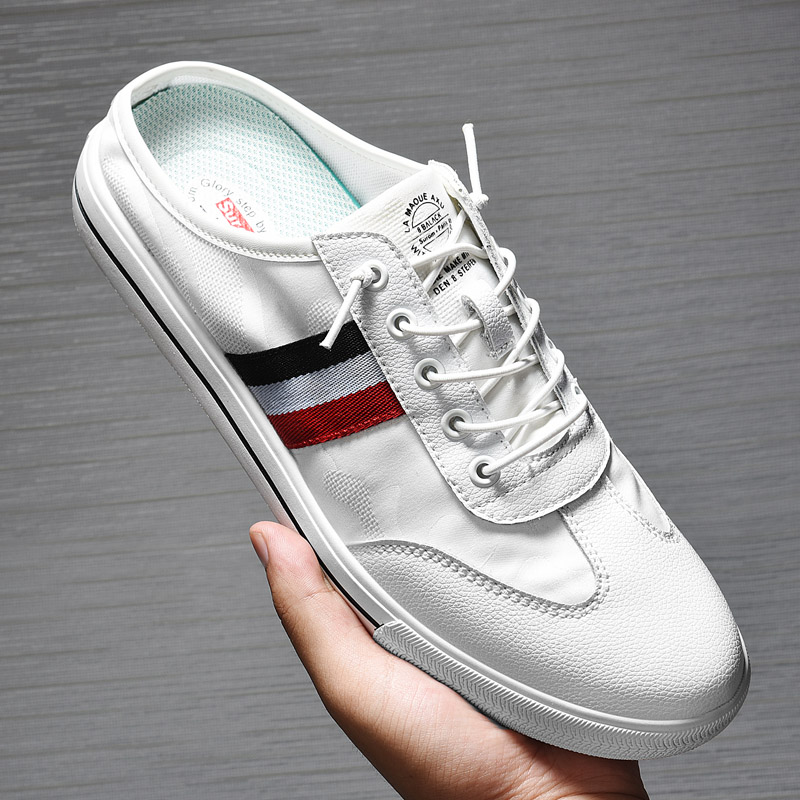 Summer men's shoes genuine leather semi-slipper men no heel Korean version trend One foot pedal mesh surface thin sloth shoes canvas