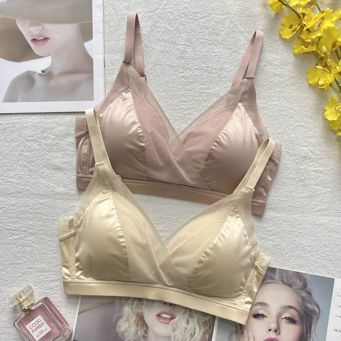 Mulberry silk maintenance underwear women's French triangle cup silk beautiful back latex cotton fixed thin cup no steel ring bra