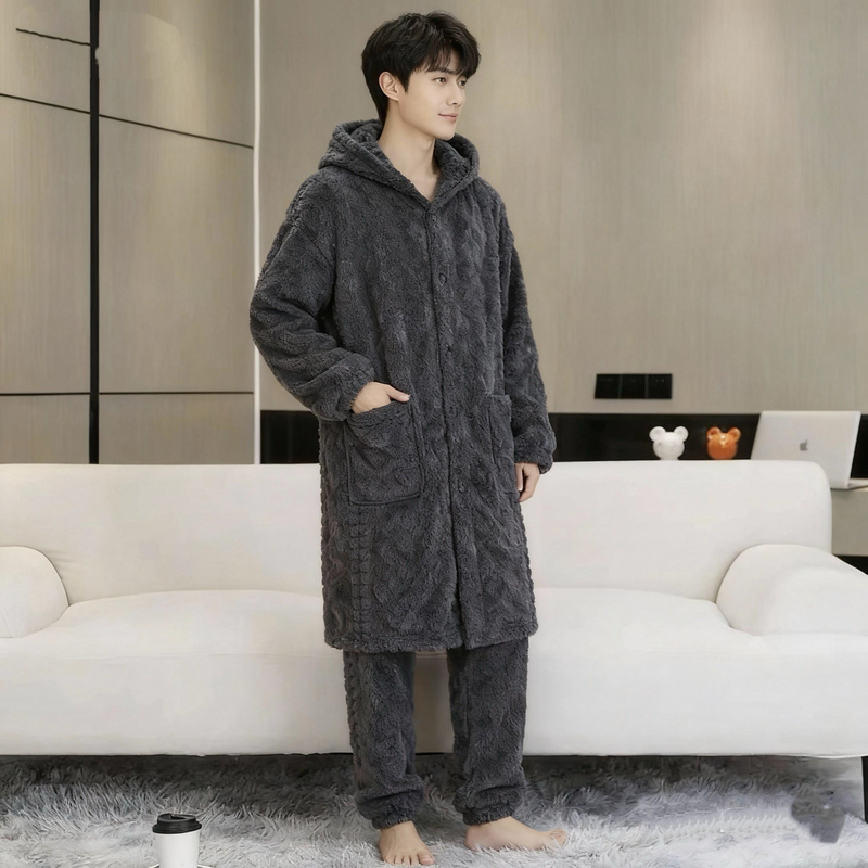 Autumn and Winter Men's Mid-Length Nightgown with Velvet and Thickened Hooded Large Size Suit Pajamas That Can Be Worn Outside as Home Clothes Suit Autumn and Winter Men's Mid-Length Nightgown with Velvet and Thickened Hooded Large Size Suit Pajamas That Can Be Worn Outside as Home Clothes Suit
