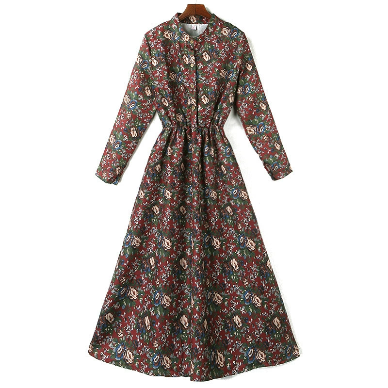 2020 mùa xuân mới váy hoa nữ giảm béo eo giữa dài tay dài tay retro văn học váy dài dòng chữ A - A-Line Váy
