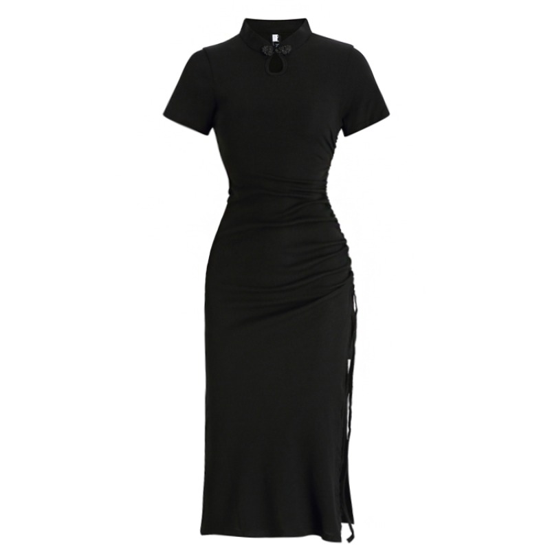 Black summer cheongsam, long dress, sexy skirt, maxi length, bright catchy style, fitted