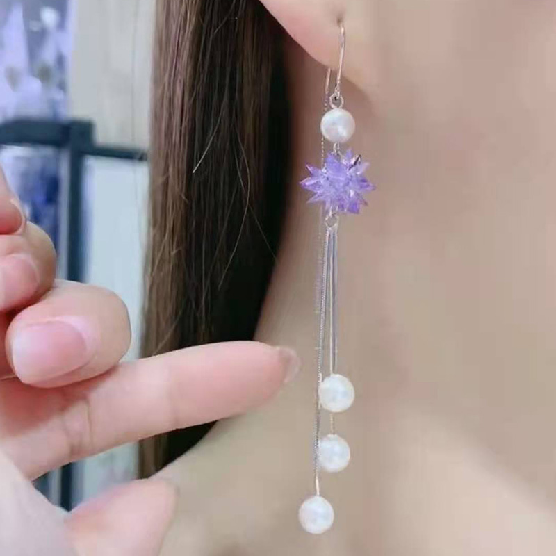 2020 New tide pure silver Han version Temperament Pearl Earrings Long Version Purple Ice Blossom Pearl Earrings 100 Hitch