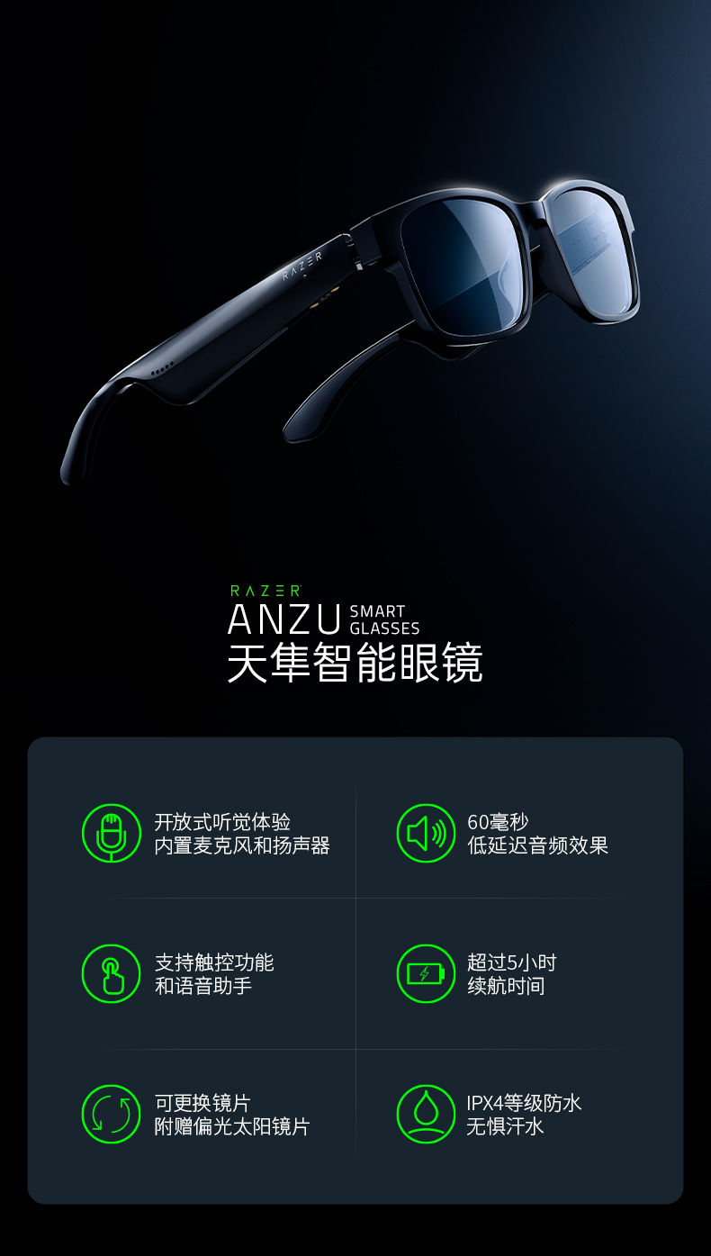 亚马逊销冠！3倍差价：Razer雷蛇 Anzu天隼无线蓝牙智能眼镜 361元直邮到手（天猫旗舰店1099元） 买手党-买手聚集的地方