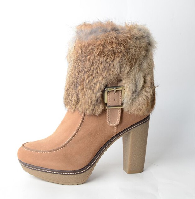 34-35 cowhide Aee love brand furry medium and short boots for women rabbit fur simple buckle high heel thick heel rich small size