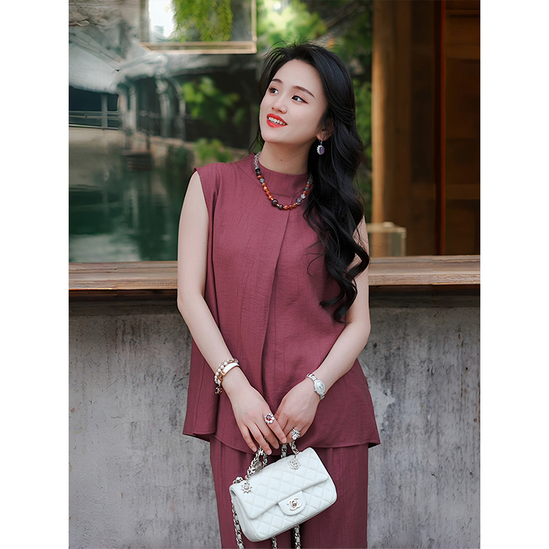 Jiu Xi【Forest Style】Elegant Pleated Texture Half-High Collar Sleeveless Vest and Elastic Wide-Leg Pants Two-Piece Set Jiu Xi【Forest Style】Elegant Pleated Texture Half-High Collar Sleeveless Vest and Elastic Wide-Leg Pants Two-Piece Set