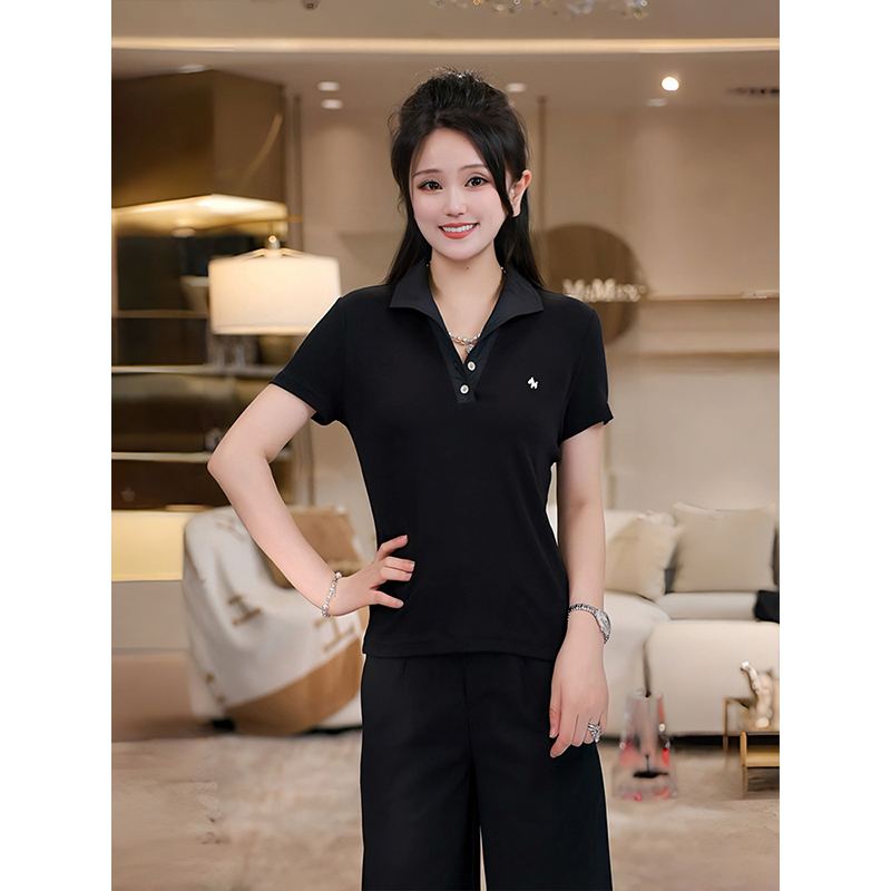 Meixi [New York Times] Tencel Cotton Knitted Short-Sleeved T-Shirt for Women, Summer Slim Fit, Slimming Polo Collar, Contrasting Color Top