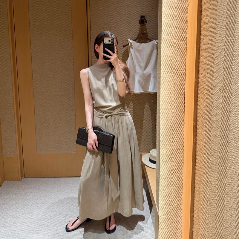 Summer 2026 New Linen Dress in the Old Money Style, Petite Waist-Cinching Slimming Sleeveless Long Dress for Women
