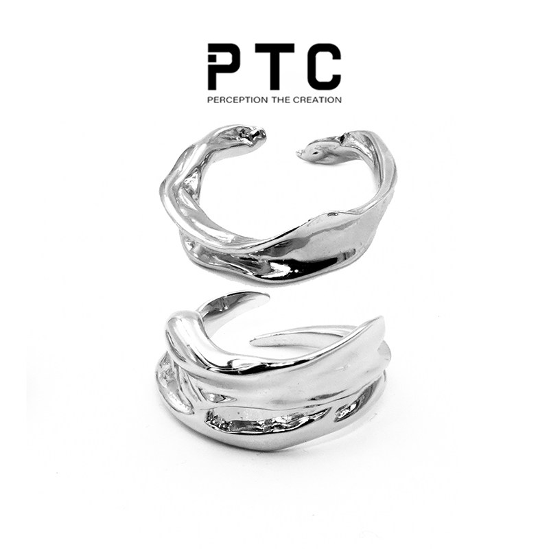 PTC S925 pure silver niche claw teeth irregular design dark black wind opening adjustable ring male and female