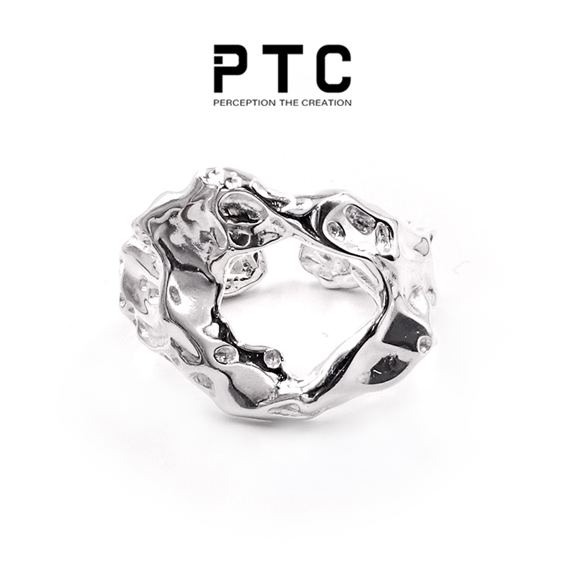PTC S925 pure silver crowdsourced design irregular lava crewy cold wind hollowed-out opening ring male and female neutral