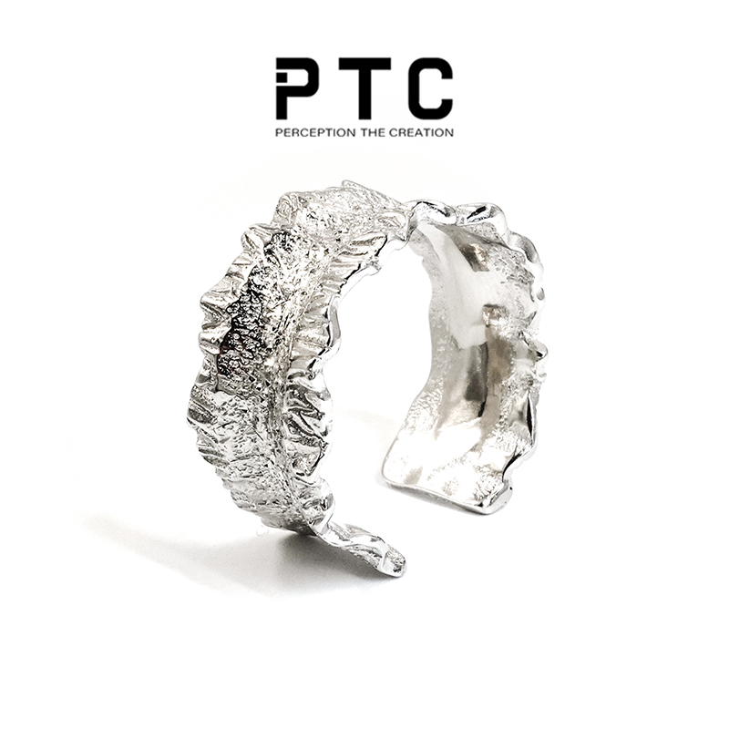 PTC S925 pure silver pleated frosted neutral lukewarm wind design musculature male and female opening wide ring adjustable