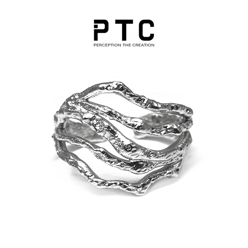 PTC small crowd lukewarm wind irregular creaty lines design through body S925 pure silver male and female opening ring neutral