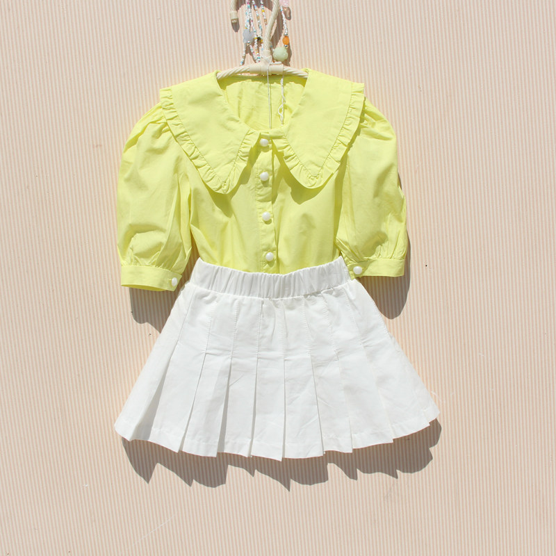 2022 Korean version of girl's pure color baby turned over the summer foreign pie doll shirt child blouse cotton shirt Summer princess sleeve