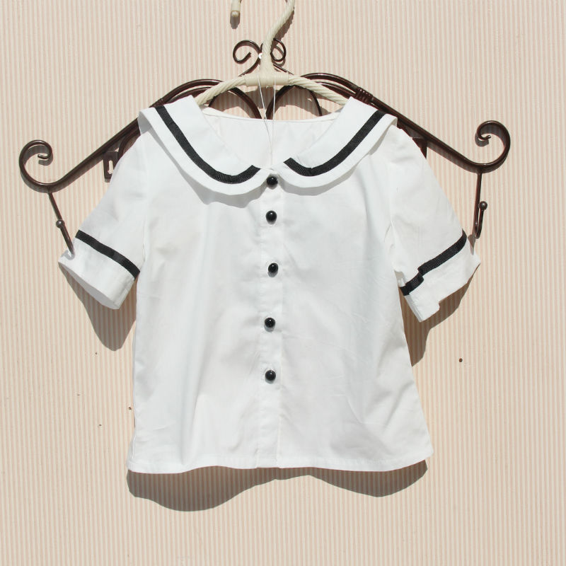 Cotton 2019 hè mới Hàn Quốc nữ sinh viên áo sơ mi gió đại học biểu diễn cổ áo hải quân tay ngắn - Áo sơ mi quần áo bé trai