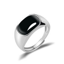 Zodiac year S925 silver inlaid with natural jade ink jade cabochon ring saddle ring jade ring high-end mens adjustable