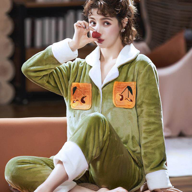Sleepwear Woman Winter Thickened Coral Suede Spring Autumn Large Yard flannel Korean version outside wearing home Warm Autumn Winter Suit-Taobao