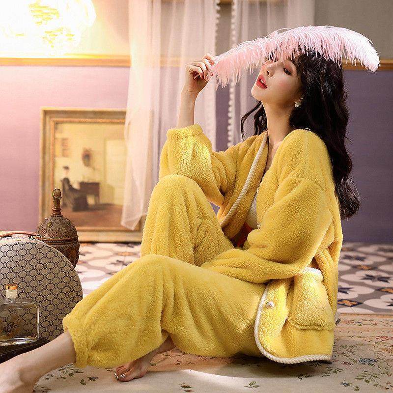 Korean version of pajamas women's winter thickening and velvet suit new coral fleece ins simple outer wear cute sweet home clothes