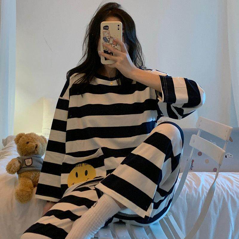 Net red pajamas female summer cotton long sleeve spring and autumn Korean version of thin sweet cute girl student home suit