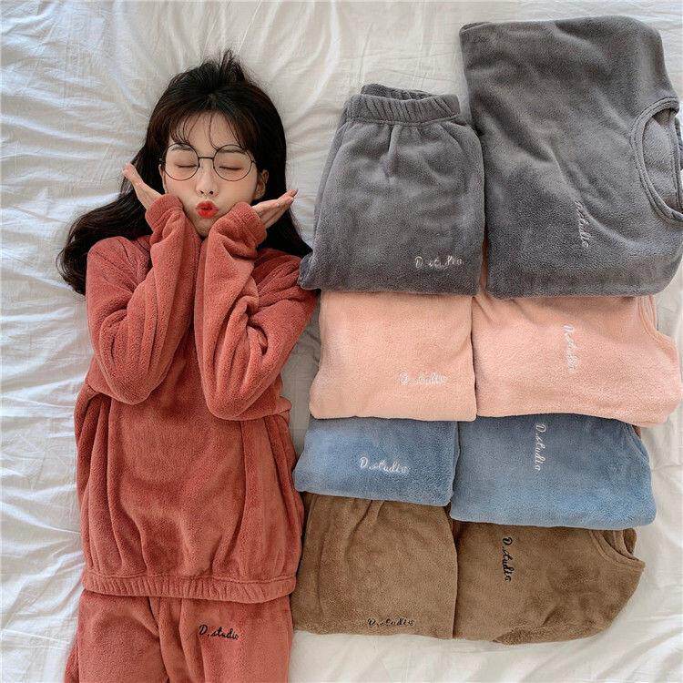 Coral Suede Sleeping Clothing Autumn Winter Plus Suede Thickened Fairy Warm Pants Suit Jacket Outside Wearing Loose Warm Casual Pants-Taobao