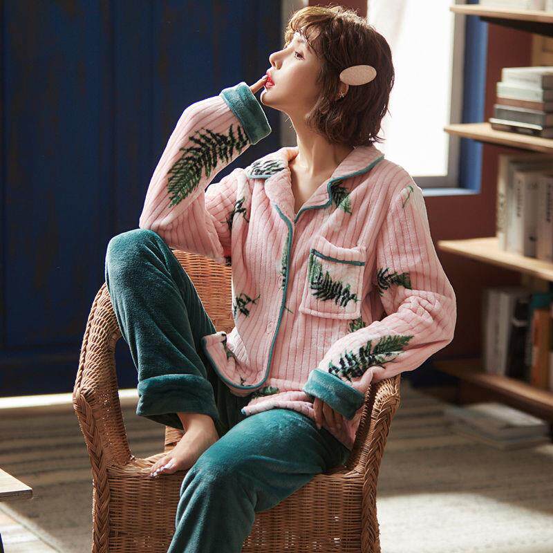 Flannel pajamas women's autumn and winter coral velvet padded plus size warm outside home clothes postpartum suit