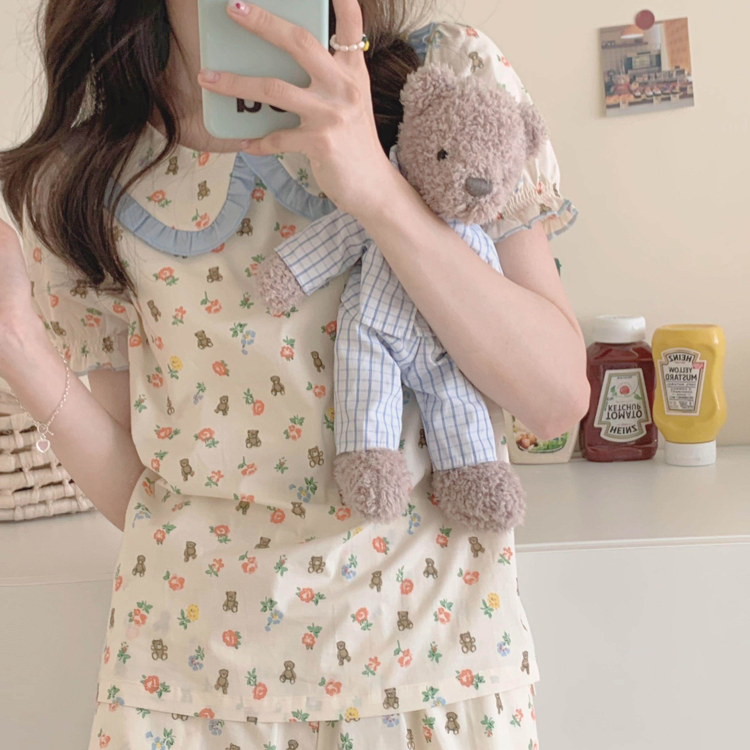 Pajamas women's summer short-sleeved Japanese doll collar lace cardigan flower bear cute student sweet girl home service set